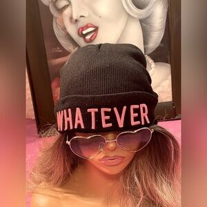 Embroidered Beanie WHATEVER Print Black Pink Cuffed Knit Beanie Winter Cap